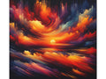 An abstract canvas art piece featuring vibrant, fiery strokes of red, orange, and blue that evoke a dramatic sunset over a stylized, tumultuous sea.