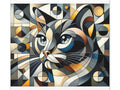 A canvas art featuring a colorful and abstract geometric depiction of a cat's face with an intricate pattern.
