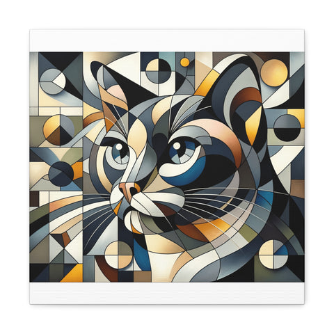 A canvas art featuring a colorful and abstract geometric depiction of a cat's face with an intricate pattern.
