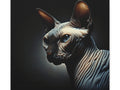 A canvas art piece depicting a realistic and detailed portrayal of a Sphynx cat with a deep gaze against a dark background.