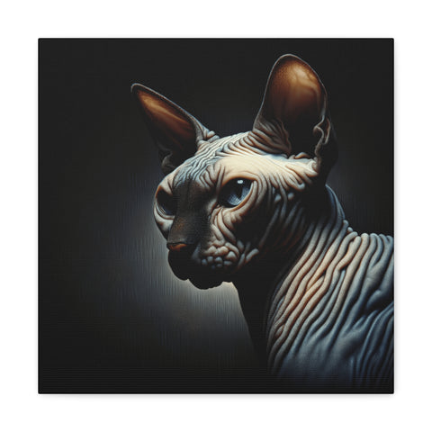 A canvas art piece depicting a realistic and detailed portrayal of a Sphynx cat with a deep gaze against a dark background.