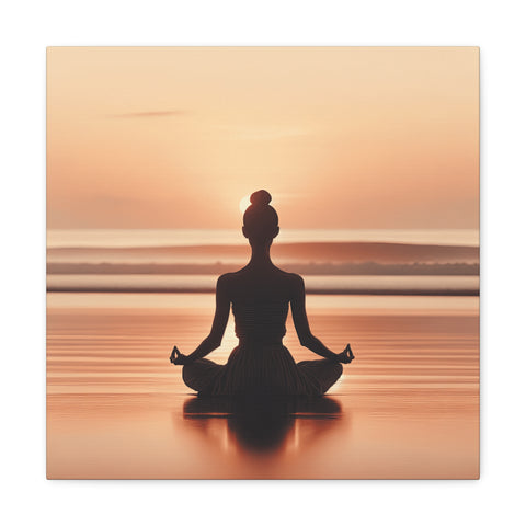 A serene canvas art depicting the silhouette of a person in a meditative pose before a soothing sunset over a calm body of water.