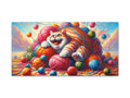 A canvas art depicting a jubilant orange-and-white striped cat entangled in colorful yarn balls against a whimsical sunset sky backdrop.