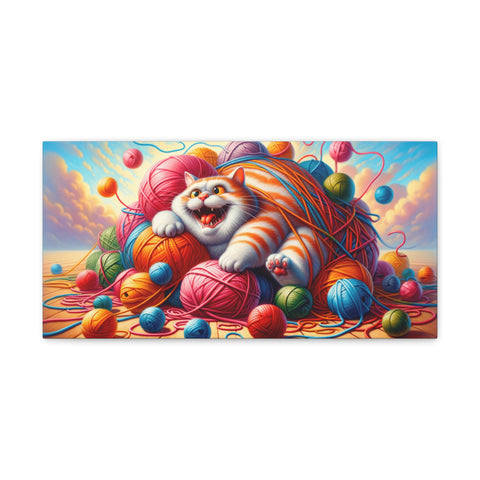 A canvas art depicting a jubilant orange-and-white striped cat entangled in colorful yarn balls against a whimsical sunset sky backdrop.