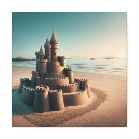 A canvas art depicting an intricately detailed sandcastle on a serene beach at sunset, with calm waters and a soft sky in the background.