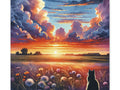 A vibrant canvas art depicting a serene landscape with a brilliant sunset sky, fluffy clouds, a field of wildflowers, and the silhouette of a cat gazing into the distance.