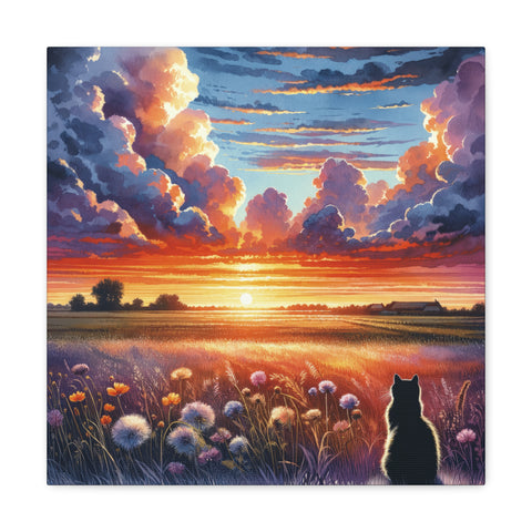 A vibrant canvas art depicting a serene landscape with a brilliant sunset sky, fluffy clouds, a field of wildflowers, and the silhouette of a cat gazing into the distance.
