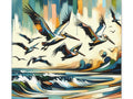 An abstract canvas art piece depicting a vibrant, stylized scene with pelicans flying above a dynamic ocean landscape against a backdrop of colorful vertical brushstrokes.