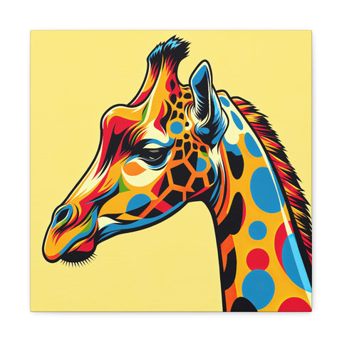 A vibrant multicolored pop art canvas featuring a stylized giraffe portrait against a yellow background.