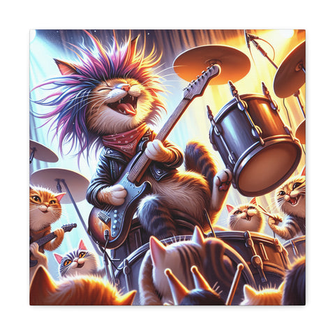 A vibrant canvas art depicting an animated rock band of cats, with the lead cat playing an electric guitar and singing passionately, surrounded by bandmates on drums and guitars, all enjoying the music under bright stage lighting.