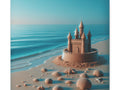 A canvas art depicting a detailed sandcastle with turrets near the shoreline, surrounded by seashells on a serene beach under a gradient blue sky.