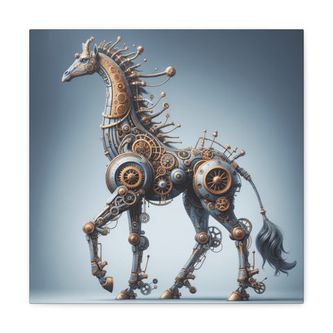 A canvas art depicting a mechanical giraffe made of intricate gears and machinery parts, set against a soft blue background.