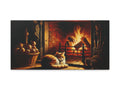 A canvas art depicting a cozy scene with a roaring fireplace, a cat curled up by the hearth, and a basket of fruit to the side, evoking warmth and tranquility.