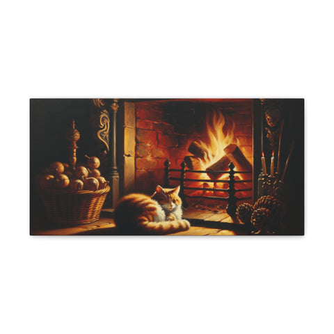 A canvas art depicting a cozy scene with a roaring fireplace, a cat curled up by the hearth, and a basket of fruit to the side, evoking warmth and tranquility.