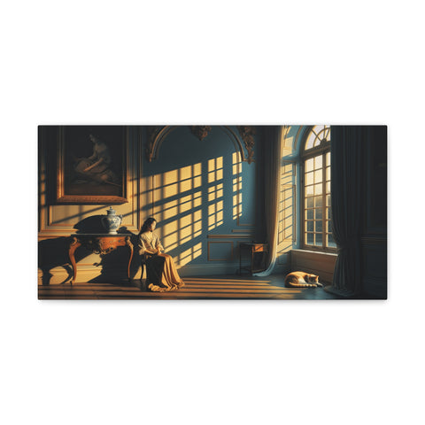 A canvas art depicting a serene scene of a woman sitting by a large window with sunlight streaming in, alongside a sleeping dog and elegant interior decor.
