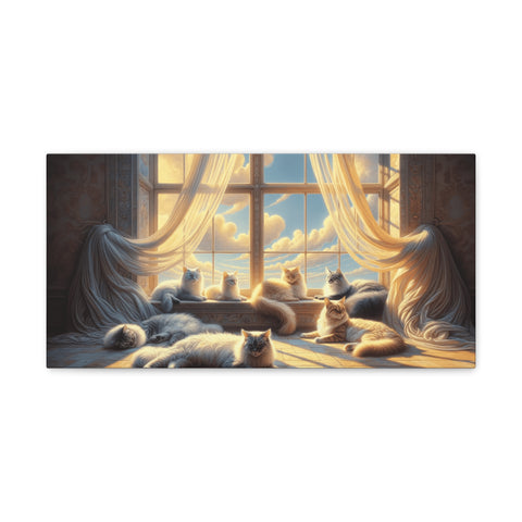 A canvas art depicting a serene scene of multiple cats lounging in a sunlit room with flowing curtains and a view of the sky through a large window.