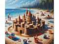 A vibrant canvas art depicting a detailed sandcastle on a busy beach with people sunbathing, playing, and enjoying a clear day under a blue sky with palm trees in the background.