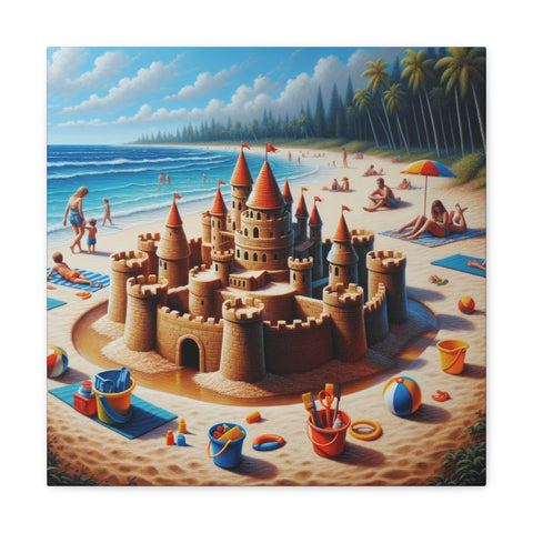 A vibrant canvas art depicting a detailed sandcastle on a busy beach with people sunbathing, playing, and enjoying a clear day under a blue sky with palm trees in the background.