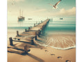 A canvas art depicting a serene beach scene with a wooden pier leading out to tranquil waters, a sailboat in the distance, and seagulls flying overhead against a soft sky.