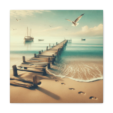 A canvas art depicting a serene beach scene with a wooden pier leading out to tranquil waters, a sailboat in the distance, and seagulls flying overhead against a soft sky.
