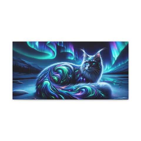 A canvas art piece depicting a mystical, vibrant blue cat with swirling patterns in its fur, sitting beside a tranquil river under a night sky illuminated by the Northern Lights.
