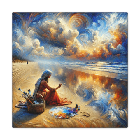 A canvas art piece depicting a painter on a beach, surrounded by a swirl of vibrant blue and golden hues reflecting the dynamic sky above.