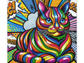 A colorful canvas art featuring a vibrant, multicolored cat with pop art elements and comic book-style onomatopoeia in the background.