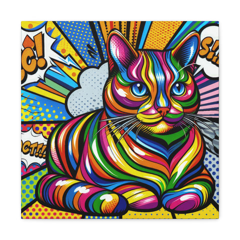 A colorful canvas art featuring a vibrant, multicolored cat with pop art elements and comic book-style onomatopoeia in the background.