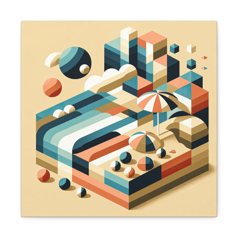 A canvas art piece depicting a colorful, isometric beach scene with abstract sunbathers, umbrellas, and geometric shapes representing sand, water, and floating objects.