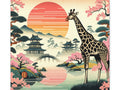 A canvas art depicting a giraffe standing before a stylized Japanese landscape with a large sun, cherry blossoms, pagodas, and a bridge.