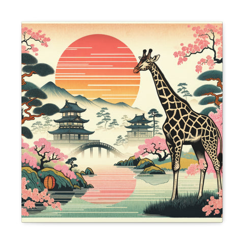 A canvas art depicting a giraffe standing before a stylized Japanese landscape with a large sun, cherry blossoms, pagodas, and a bridge.