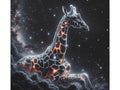 This canvas art features a surreal depiction of a giraffe with a body resembling a starry night sky and glowing, lava-like patterns coursing through its silhouette against a cosmic backdrop.