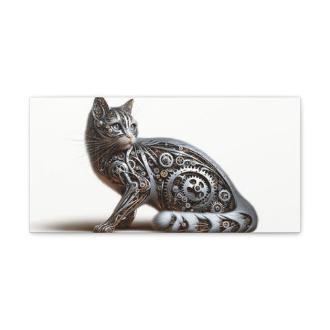 An intricate canvas art showcasing a steampunk-inspired cat with mechanical gears and details within its body.