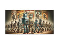 A canvas depicting a vintage-style illustration of a line of robots marching, with revolutionary and rebellious posters in the background suggesting a theme of robot uprising.