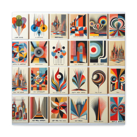 A canvas art piece displaying a grid of various abstract designs featuring geometric shapes and bold colors, with different phrases and greetings included in some squares.