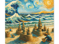 A canvas art piece combining a Van Gogh-inspired swirling sky with a seaside scene of sandcastles and children playing, evoking a harmonious blend of classic painting and playful summer imagery.