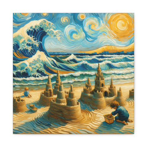 A canvas art piece combining a Van Gogh-inspired swirling sky with a seaside scene of sandcastles and children playing, evoking a harmonious blend of classic painting and playful summer imagery.