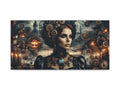 A canvas art depicting a steampunk-inspired woman with intricate gear and clockwork elements blended into her apparel and the surrounding surreal machinery landscape.