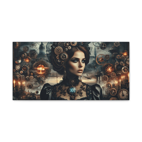 A canvas art depicting a steampunk-inspired woman with intricate gear and clockwork elements blended into her apparel and the surrounding surreal machinery landscape.