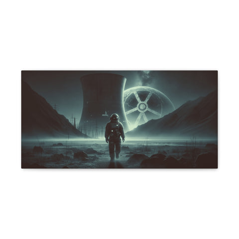 A canvas art depicting an astronaut walking towards a futuristic structure with illuminating details, set against a backdrop of cooling towers and a mysterious, otherworldly landscape.