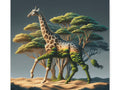 A canvas art piece depicting a surreal scene of a giraffe with tree branches seamlessly serving as its legs, blending into an African savanna landscape with acacia trees under a dusky sky.