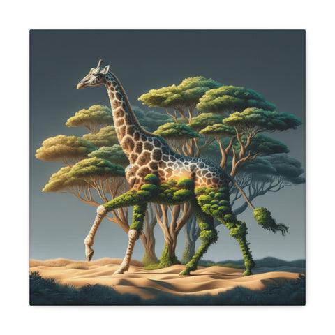A canvas art piece depicting a surreal scene of a giraffe with tree branches seamlessly serving as its legs, blending into an African savanna landscape with acacia trees under a dusky sky.