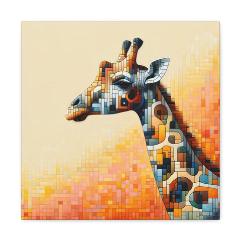 A canvas art featuring a stylized giraffe head composed of colorful geometric shapes against a warm, pixelated sunset background.