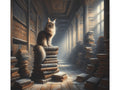 A majestic fluffy cat sits atop a pile of books in a sunlit, wood-paneled library on a canvas.