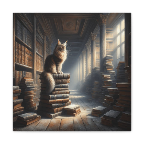 A majestic fluffy cat sits atop a pile of books in a sunlit, wood-paneled library on a canvas.