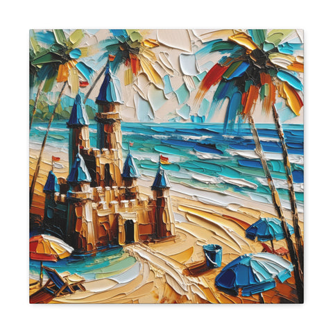 A vibrant, textured canvas art depicting a whimsical seaside scene with a prominent fairytale castle, colorful umbrellas, and dynamic blue waves.