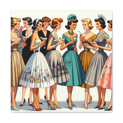 A vintage-style canvas art piece featuring a group of elegantly dressed women from the mid-20th century, socializing and holding cocktails.