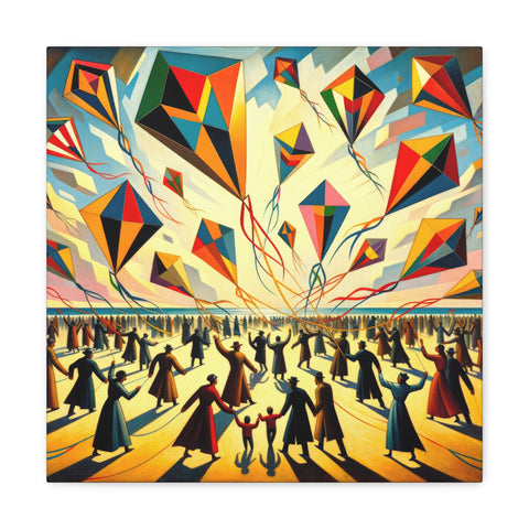 This canvas art features a vibrant and colorful depiction of people joyfully flying kites on a sunny day, with a dynamic array of geometric shapes filling the sky above them.