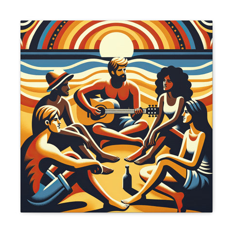 A vibrant canvas art depicting five stylized figures sitting on the beach in a semi-circle, with one playing the guitar under a stylized sun with radiating warm hues.