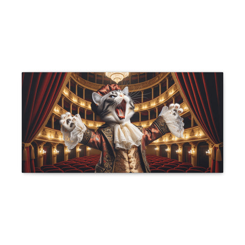 A humorous canvas art piece featuring an anthropomorphic cat character dressed in vintage formal attire conducting an opera with two other cat figures in an opulent theater setting.